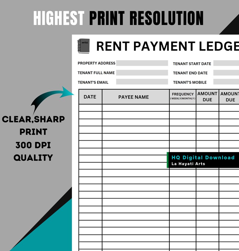 Printable Rent Payment Ledger,rental Payment Tracker,monthly Rent Payment Tracker,fillable Rent