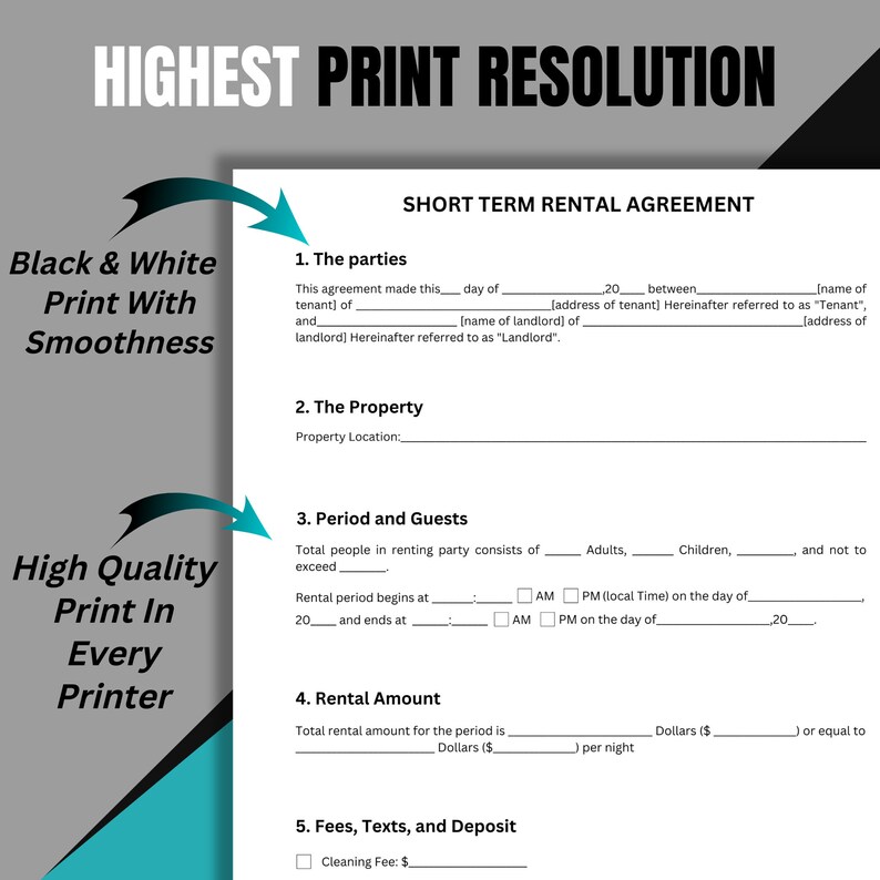 Printable Short Term Rent Agreementrental Lease Contract for Vacation