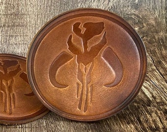 Mythosaurs Leather Coasters – Mandalore Outer Rim Design – Boba Fett & Mandalorian Gift – Full Grain Cowhide (4-Pack)