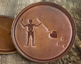 Blackbeard Pirate Flag Leather Coasters – Full Grain Brown Cowhide – Handmade Gift for Whiskey Lovers, Men, History Buffs (Set of 4)