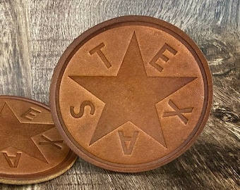 Original Texas Republic of Texas De Zavala 1836 Flag Leather Coasters – Texas Pride Gift – Full Grain Cowhide (4-Pack)