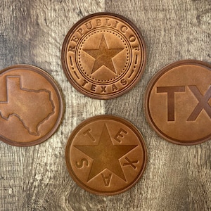 Texas Heritage Leather Coaster Set – Republic of Texas & State Symbols – Full Grain Cowhide (4-Pack) TEXAS PRIDE!!!