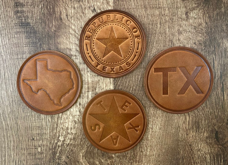 Texas Heritage Leather Coaster Set – Republic of Texas & State Symbols – Full Grain Cowhide (4-Pack) TEXAS PRIDE!!!