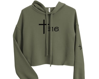 Trinity 316 ICON Crop Sudadera con capucha para mujer, verde militar / "Por Dios, unidos como uno"