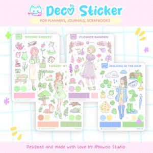 Op de afbeelding: Drie vellen met kleurrijke stickers met illustraties van meisjes in verschillende omgevingen. Het eerste vel is getiteld "Lentebries" en toont een meisje met roze haar en een groene jurk. Het tweede vel is getiteld "Bloementuin" en toont een meisje met blond haar en een paarse jurk. Het derde vel is getiteld "Wandelen in de regen" en toont een meisje met bruin haar en een blauwe jas. Alle drie de vellen hebben een witte achtergrond en zijn versierd met bloemen, bladeren en andere natuurthema-elementen.
