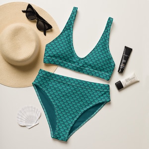 Bikini adulto reciclado de cintura alta en escala clásica de sirena azul / verde para piscina, playa, océano, sol y arena