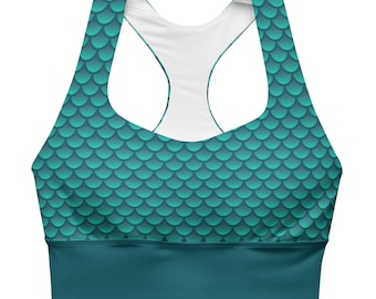 Longline Sports Bra in Classic Blue/Green Mermaid Scale For Gym, yoga, workout, fashion, swim