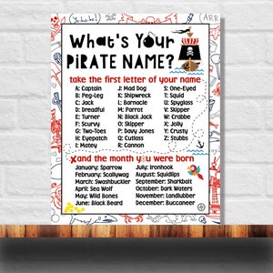 What&#39;s Your Pirate Name Printable, Pirate Name Game, Pirate Birthday Party, Pirate Party Game, Instant Download