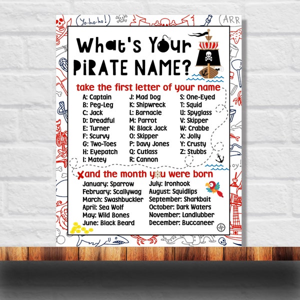 What's Your Pirate Name Printable, Pirate Name Game, Pirate Birthday Party, Pirate Party Game, Instant Download
