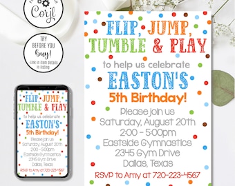 Editable Boy Gymnastics Invitation, Gymnastics Birthday Invitation, Gym Birthday Invitation, 4x6 & 5x7