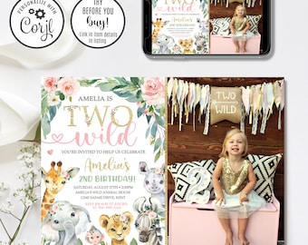 Editable Safari Birthday Invitation, Girl Two Wild Invitation, Jungle Animals Invitation, 2nd Birthday Invitation, 4x6 & 5x7