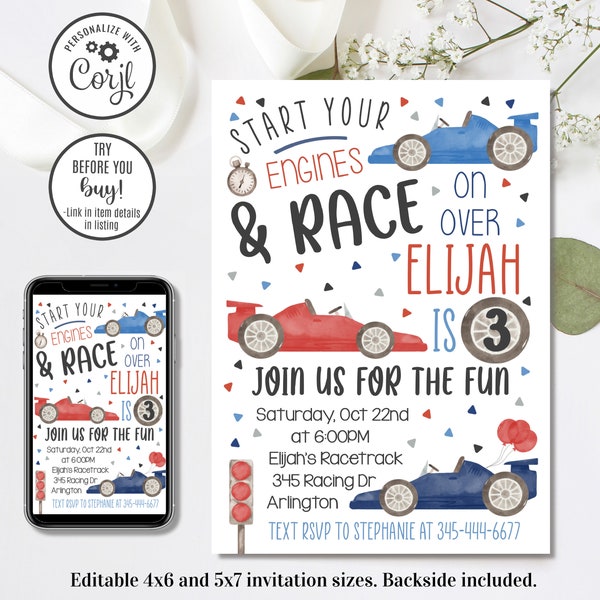 Editable Race Car Birthday Invitation, Race Car Invitation, Racing Invitation, Start Your Engines, 4x6 & 5x7