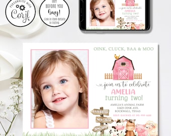 Editable Girl Farm Invitation, Girl Farmer Birthday Invitation, Oink Cluck Baa Moo, 4x6 & 5x7