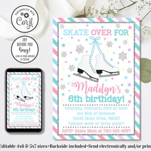 Editable Ice Skate Invitation, Ice Skating Birthday Invitation, Skate On Over, 4x6 & 5x7