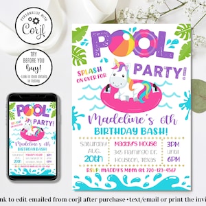 Bearbeitbare Einhorn Pool Party Einladung, Einhorn Pool Party Geburtstag, Mädchen Pool Party, Einhorn Einladung, Einhorn Pool Party, 4x6 & 5x7