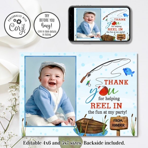 Editable Fishing Thank You Card, Fishing Birthday Thank You, 4x6 & 5x7