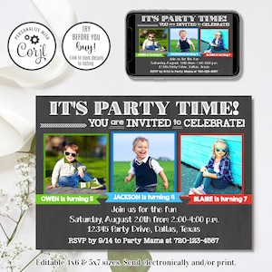 Editable Three Birthdays Invitation, Joint Birthday Invitation, Siblings Invitation, 4x6 & 5x7