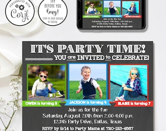 May include: A chalkboard style birthday party invitation with a green, blue, and red border. The invitation features three photos of children, with the text "IT'S PARTY TIME! YOU ARE INVITED TO CELEBRATE!" at the top. The invitation includes the children's names, ages, and the date and time of the party. The text "Join us for the fun" is also included. The invitation is editable in 4x6 and 5x7 sizes.