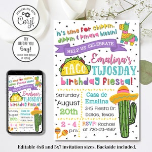 Editable Taco Twosday Invitation, Taco Twosday Birthday Invitation, 2nd Birthday, 4x6 & 5x7