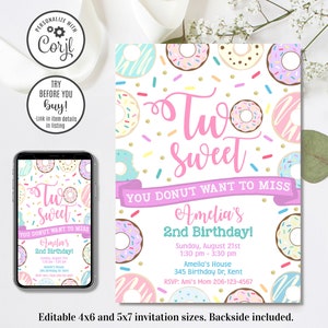 Editable Donut Invitation, Two Sweet Invitation, Donut 2nd Birthday, 2nd Birthday Invitation, 4x6 & 5x7