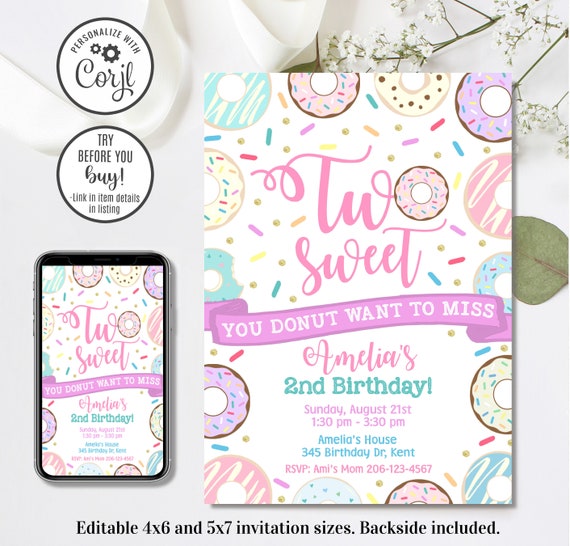Editable Donut Invitation, Two Sweet Invitation, Donut 2nd Birthday, 2nd Birthday Invitation, 4x6 & 5x7