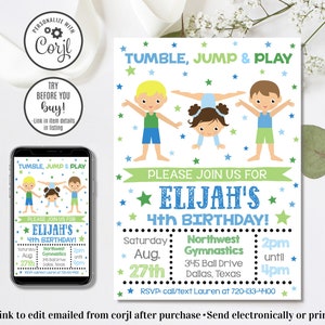 Editable Boy Gymnastics Invitation, Gymnastics Birthday Invitation, Gym Birthday Invitation, 4x6 & 5x7