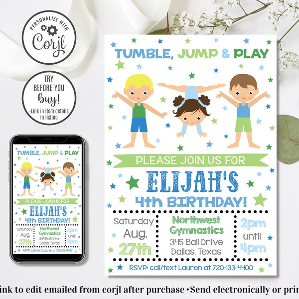 Editable Boy Gymnastics Invitation, Gymnastics Birthday Invitation, Gym Birthday Invitation, 4x6 & 5x7