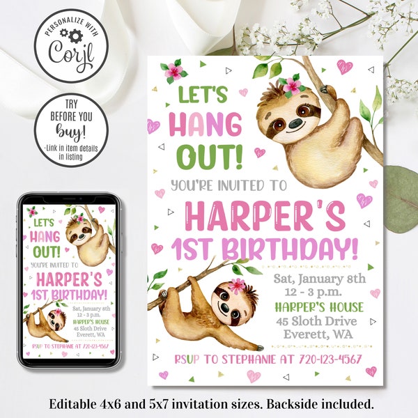 Editable Sloth Birthday Invitation, Sloth Invitation, Zoo Invitation, Girl Sloth Invite, Let's Hang Out, 4x6 & 5x7