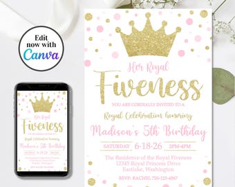 Royal Fiveness Birthday Invitation Template, Editable Princess 5th Birthday Invite