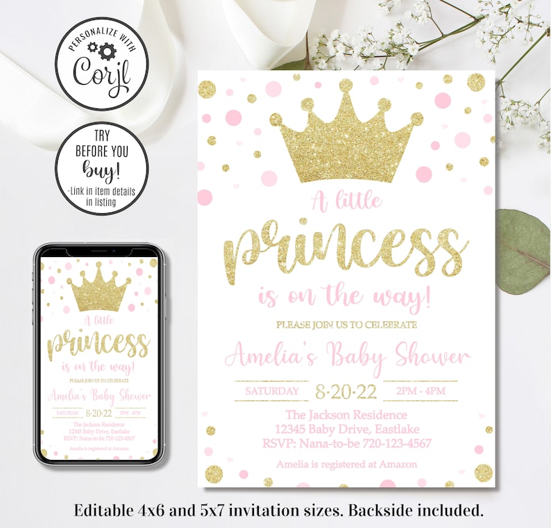 Editable Princess Baby Shower Invitation Girl Baby Shower Invitation 4x6 5x7