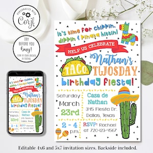 Editable Taco Twosday Invitation, Taco Twosday Birthday Invitation, 2nd Birthday, 4x6 & 5x7