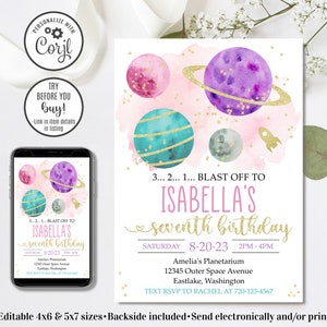 Editable Space Birthday Invitation, Outer Space Birthday Invitation, 3 2 1 Blast Off, Planets Invitation, Galaxy Invitation, 4x6 & 5x7