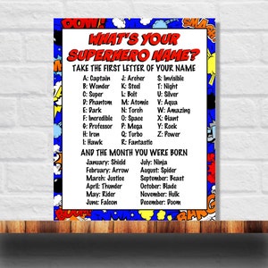 What&#39;s Your Superhero Name Printable, Superhero Name Game, Superhero Birthday Sign, Instant Download