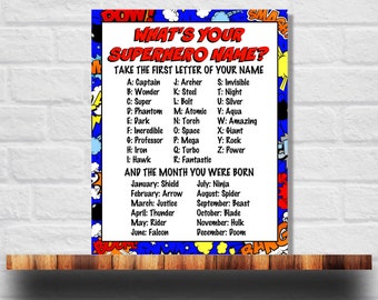 What&#39;s Your Superhero Name Printable, Superhero Name Game, Superhero Birthday Sign, Instant Download
