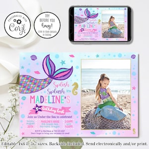 Editable Mermaid Birthday Invitation, Mermaid Invitation, Mermaid Photo Invitation, 4x6 & 5x7
