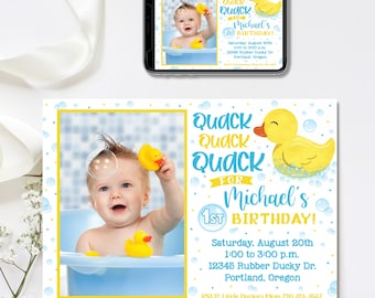 May include: A blue and yellow birthday invitation with a photo of a baby boy in a bathtub with rubber duckies. The invitation says "Quack Quack Quack for Michael's 1st Birthday!" and includes the date, time, and location of the party.