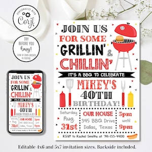 Editable BBQ Invitation, BBQ Birthday Invitation, Adult Invitation, 4x6 & 5x7