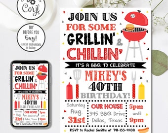 BBQ Birthday Invitation Template, Editable Grill Invite