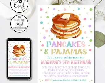 Editable Pancakes and Pajamas Invitation, Pancakes and Pajamas Birthday Invitation, Pancake Invitation, PJs Invitation, 4x6 & 5x7