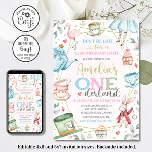 Editable Onederland Birthday Invitation, Alice in Wonderland Invitation, 1st Birthday Invitation, 4x6 & 5x7