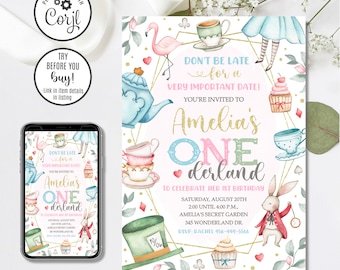 Alice in Onederland Birthday Invitation Template, Editable 1st Birthday Invite