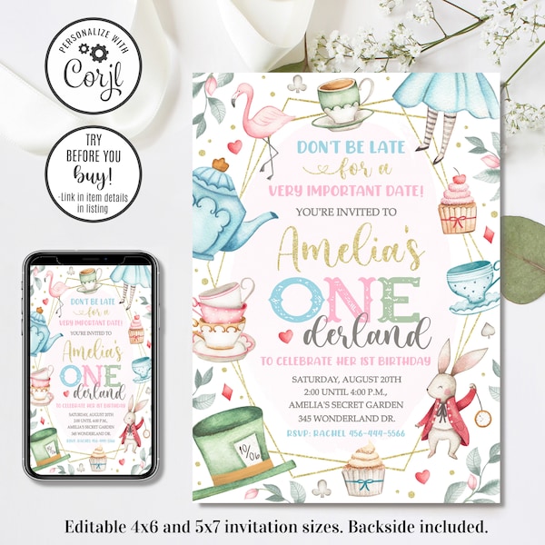 Editable Onederland Birthday Invitation, Alice in Wonderland Invitation, 1st Birthday Invitation, 4x6 & 5x7