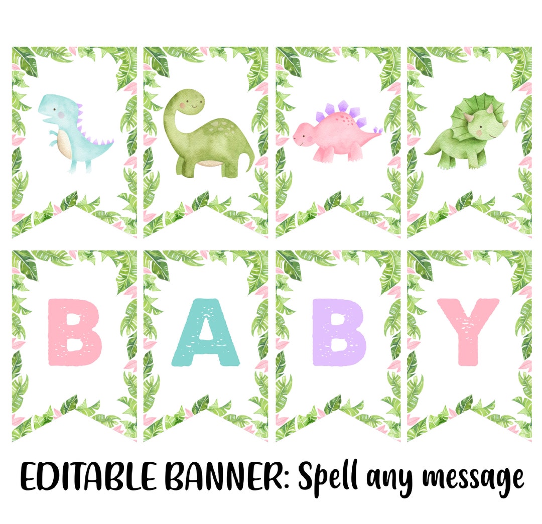 Editable Girl Dinosaur Baby Shower Banner, Dinosaur Banner, Girl ...