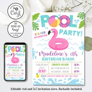 Editable Flamingo Pool Party, Flamingle Pool Party Birthday, Girl Pool Party, 4x6 & 5x7