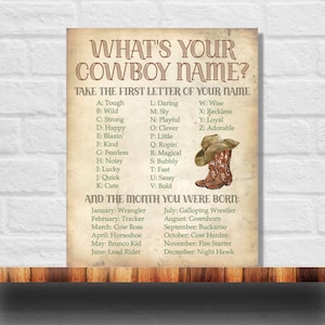 Qual è il tuo nome da cowboy stampabile, gioco del nome da cowboy, festa da cowboy, download immediato