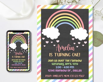 May include: A rainbow-themed birthday invitation for a girl named Amelia turning one. The invitation features a colorful rainbow with clouds and hearts on a black chalkboard background with white stripes. The text reads "Amelia is turning one! Join us over the rainbow Saturday, April 13th 2:00-4:00 PM 12345 Rainbow Dr., Dallas RSVP: Amelia's Mom 720-123-4567"