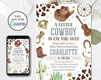 May include: A baby shower invitation with a cowboy theme. The design includes a cowboy hat, boots, guitar, and horseshoe illustrations. The text reads "A Little Cowboy Is On The Way" and includes event details.