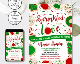 May include: A baby sprinkle invitation with a festive design. The invitation features a white background with cookie illustrations and the words "Sprinkled with Love." Details include the honoree's name, date, time, and location. The invitation is available in 4x6 and 5x7 sizes.