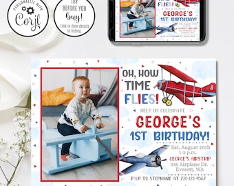 Invitation modifiable d'avion, invitation d'anniversaire d'avion, anniversaire d'avion, comme le temps passe vite, 4 x 6 et 5 x 7