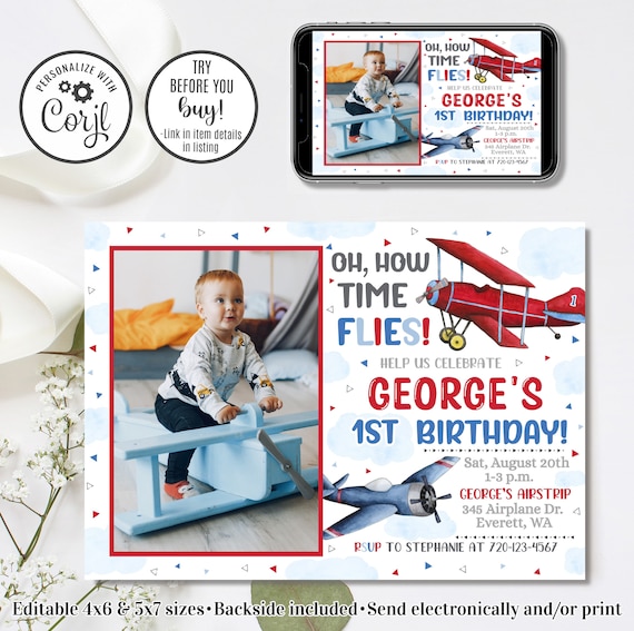 Editable Airplane Invitation, Plane Birthday Invitation, Airplane Birthday, How Time Flies, 4x6 & 5x7